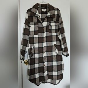 Brown and white button down plaid shirt dress
